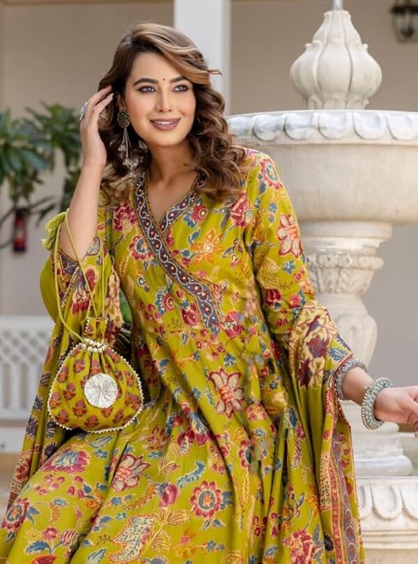 Nermosa Printed Anarkali Kurta & Pant Set with Dupatta (Yellow)